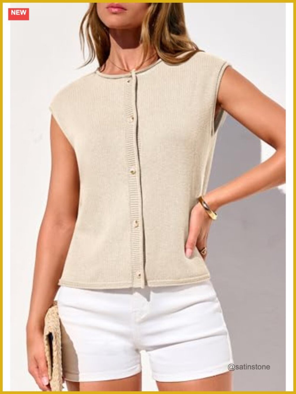 Sweater Vest Cap Short Sleeve Button Down Cardigan Lightweight Loose Knit Top - Picture 5 of 6